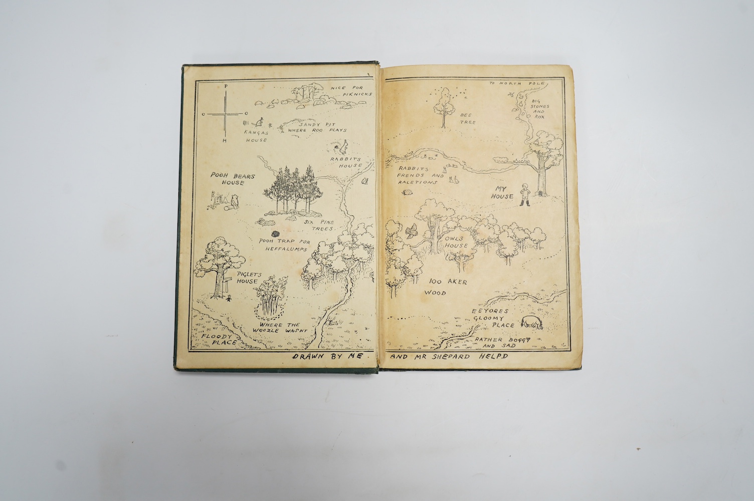 Milne, A.A. - Winnie-The -Pooh. With decorations by Ernest H. Shepard. First Edition. title and text illus. throughout and pictorial map on e/ps.; original gilt ruled and pictorial green cloth (rebacked with old spine la